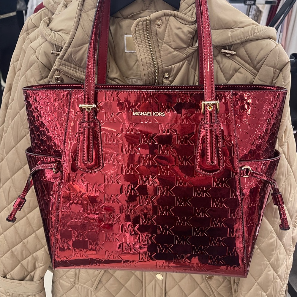 MICHAEL KORS Jet Set Extra-Small Metallic Logo Debossed Convertible TZ Tote Cher - Picture 15 of 16